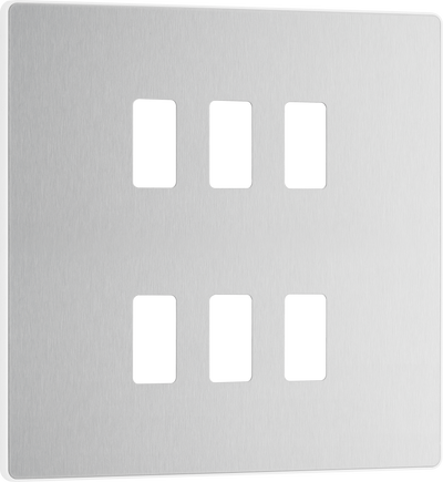 BG RPCDBS6W Evolve Grid Brushed Steel 6 Module Square Front Plate - White Trim