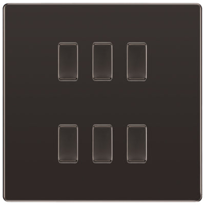 BG Black Nickel Screwless 6 Gang 2 Way Custom Grid Light Switch with Back Box Included by British General (BG-SCL-BN-6G-CUSTOM-LIGHT-SWITCH)