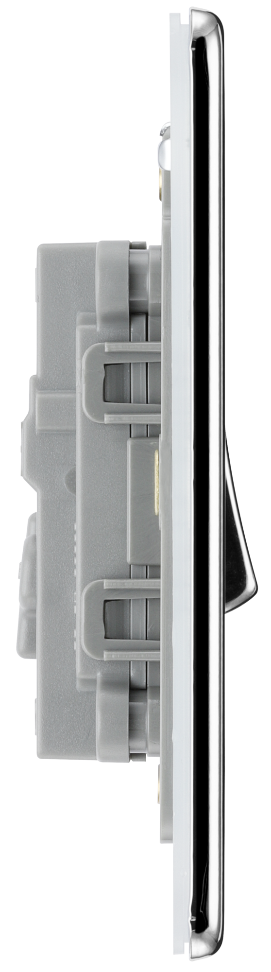 FPC13 Side - This Screwless Flat plate polished chrome finish 20A 16AX intermediate light switch from British General should be used as the middle switch when you need to operate one light from 3 different locations such as either end of a hallway and at the top of the stairs.