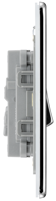 FPC13 Side - This Screwless Flat plate polished chrome finish 20A 16AX intermediate light switch from British General should be used as the middle switch when you need to operate one light from 3 different locations such as either end of a hallway and at the top of the stairs.