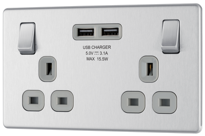FBS22U3G Front - This completely screwless and slimline flat plate 13A double power socket from British General comes with two USB charging ports, allowing you to plug in an electrical device and charge mobile devices simultaneously without having to sacrifice a power socket.