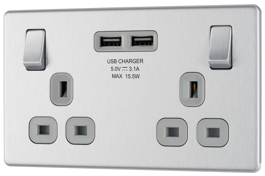 FBS22U3G Front - This completely screwless and slimline flat plate 13A double power socket from British General comes with two USB charging ports, allowing you to plug in an electrical device and charge mobile devices simultaneously without having to sacrifice a power socket.