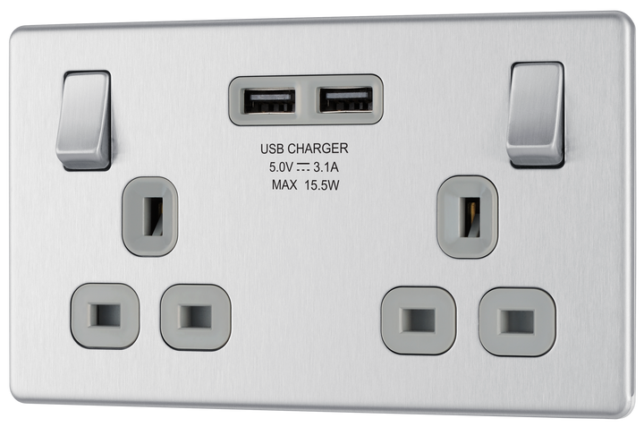 FBS22U3G Front - This completely screwless and slimline flat plate 13A double power socket from British General comes with two USB charging ports, allowing you to plug in an electrical device and charge mobile devices simultaneously without having to sacrifice a power socket.