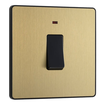 BG Evolve Satin Brass 20A Double Pole Switch with Neon PCDSB31B with 35mm Steel Back Box
