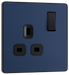 PCDDB21B Front - This Evolve Matt Blue 13A single switched socket from British General has been designed with angled in line colour coded terminals and backed out captive screws for ease of installation, and fits a 25mm back box making it an ideal retro-fit replacement for existing sockets. 