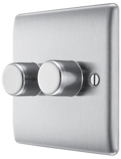 BG NBS82 Nexus Metal Brushed Steel 2 Gang 200W 2 Way Trailing Edge Push Type Dimmer Switch