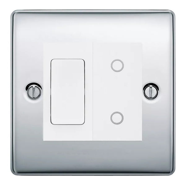 BG Polished Chrome 2 Gang Custom Switch 1x 2 Way Switch 1x Secondary Touch Dimmer White Inserts