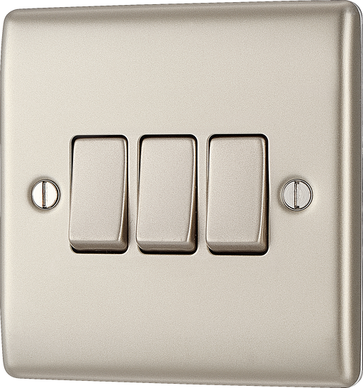 NPR43 Front - This pearl nickel finish 20A 16AX triple light switch from British General can operate 3 different lights whilst the 2 way switching allows a second switch to be added to the circuit to operate the same light from another location (e.g. at the top and bottom of the stairs).