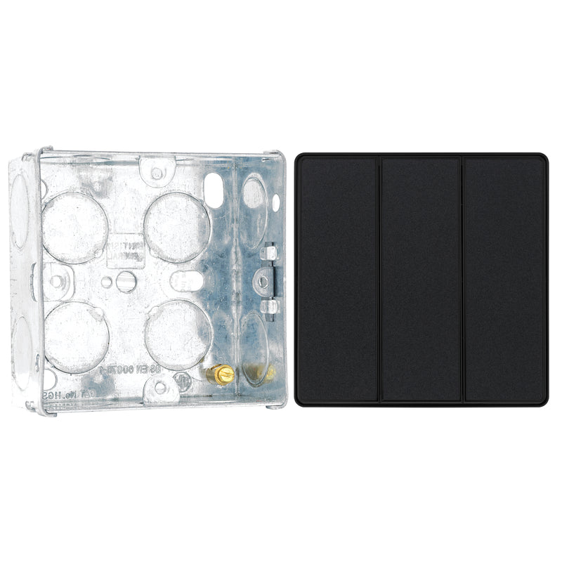 BG Evolve Matt Black 2 Way Triple Edge to Edge Rocker Switch PCDMB43EB with 35mm Steel Back Box