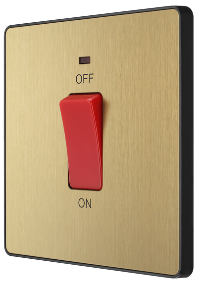 PCDSB74B Front - This Evolve Satin Brass 45A double pole switch with indicator from British General is ideal for use with cookers and ovens. This switch has a low profile screwless flat plate that clips on and off, making it ideal for modern interiors.