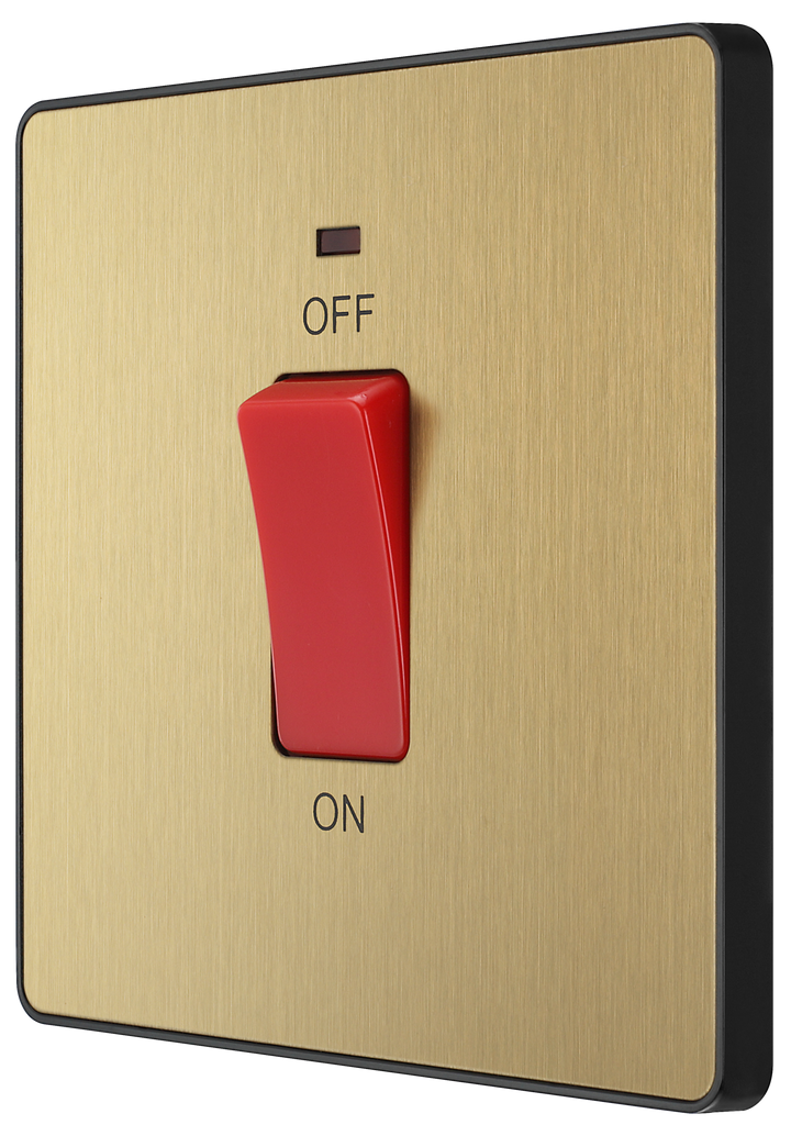 PCDSB74B Front - This Evolve Satin Brass 45A double pole switch with indicator from British General is ideal for use with cookers and ovens. This switch has a low profile screwless flat plate that clips on and off, making it ideal for modern interiors.