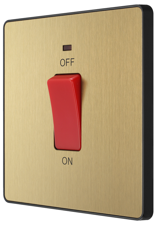PCDSB74B Front - This Evolve Satin Brass 45A double pole switch with indicator from British General is ideal for use with cookers and ovens. This switch has a low profile screwless flat plate that clips on and off, making it ideal for modern interiors.