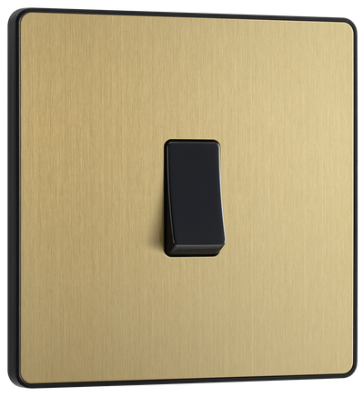 PCDSB12B Front - This Evolve Satin Brass 20A 16AX single light switch from British General will operate one light in a room. The 2 way switching allows a second switch to be added to the circuit to operate the same light from another location (e.g. at the top and bottom of the stairs).