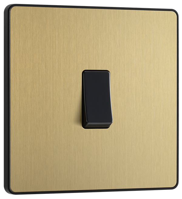 PCDSB12B Front - This Evolve Satin Brass 20A 16AX single light switch from British General will operate one light in a room. The 2 way switching allows a second switch to be added to the circuit to operate the same light from another location (e.g. at the top and bottom of the stairs).