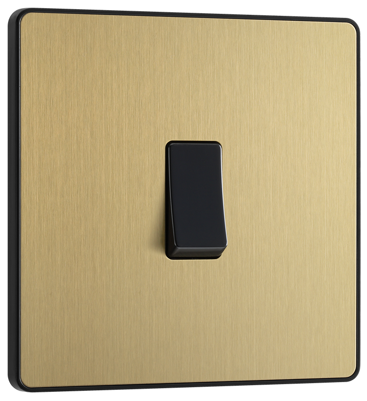 PCDSB12B Front - This Evolve Satin Brass 20A 16AX single light switch from British General will operate one light in a room. The 2 way switching allows a second switch to be added to the circuit to operate the same light from another location (e.g. at the top and bottom of the stairs).