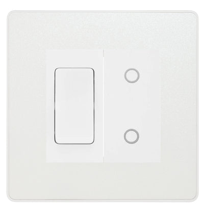 BG Evolve Pearlcent White Screwless 2 Gang Custom Switch 1x 2 Way Switch 1x Secondary Touch Dimmer White Inserts by British General (EVOLVE-PW-2G-1x2WAY-SWITCH-1xSTD-WI)