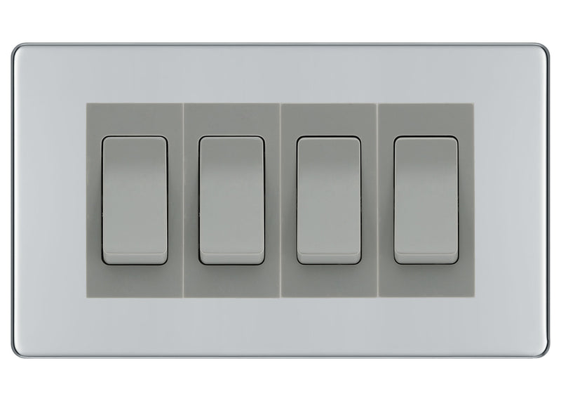 BG Electrical Screwless Polished Chrome 4-Gang Light Switch 3x 2-Way + 1x Intermediate – Grey Inserts