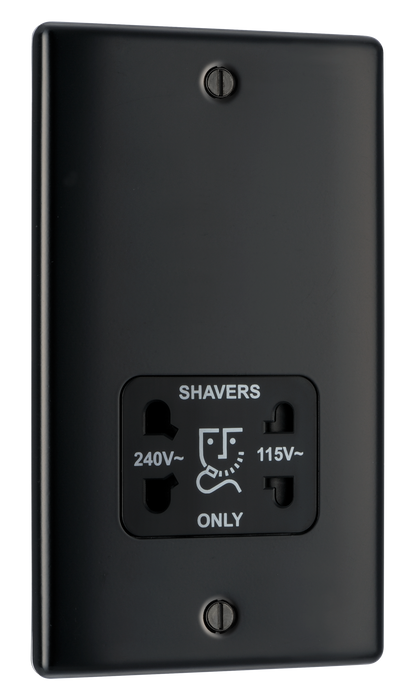 NMB20B Front - This dual voltage shaver socket from British General is suitable for use with 240V and 115V shavers and electric toothbrushes. \nThe socket has a matt black finish and a sleek and slim profile with softly rounded edges to add a touch of luxury to your decor.