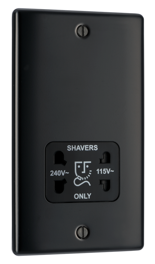 NMB20B Front - This dual voltage shaver socket from British General is suitable for use with 240V and 115V shavers and electric toothbrushes. \nThe socket has a matt black finish and a sleek and slim profile with softly rounded edges to add a touch of luxury to your decor.