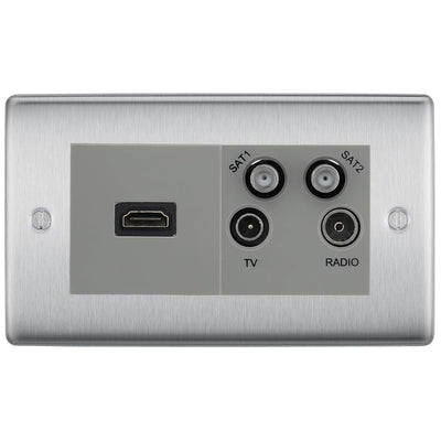 BG Nexus Brushed Steel 4G Faceplate with HDMI + TV/FM/SAT Module - Grey Insert by British General (BG-NBSEMR4-HDMI-TVFM2G)