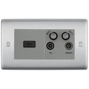 BG Nexus Brushed Steel 4G Faceplate with HDMI + TV/FM/SAT Module - Grey Insert by British General (BG-NBSEMR4-HDMI-TVFM2G)