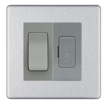 BG Flatplate Screwless Brushed Steel 20A Double Pole Switch & 13A Fused Spur Plate | Grey Insert