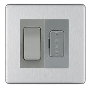 BG Flatplate Screwless Brushed Steel 20A Double Pole Switch & 13A Fused Spur Plate | Grey Insert