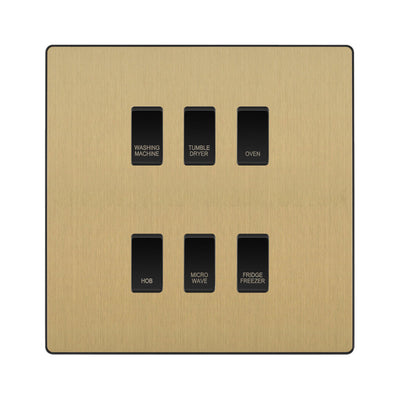 BG Evolve Satin Brass Custom Appliance Grid Switch 6 Gang Screwless
