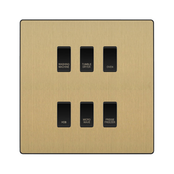 BG Evolve Satin Brass Custom Appliance Grid Switch 6 Gang Screwless