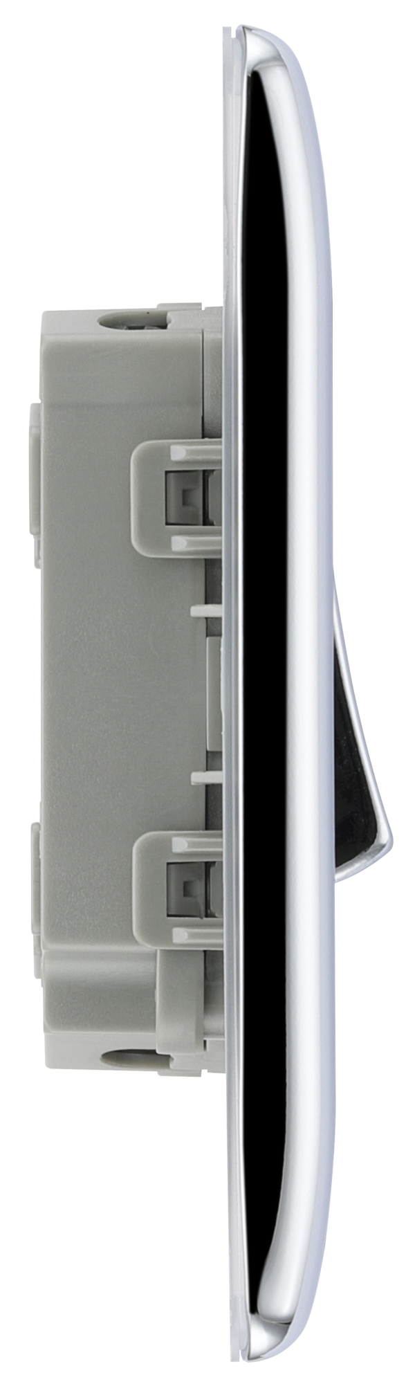 NPC42 Side - This polished chrome finish 20A 16AX double light switch from British General can operate 2 different lights whilst the 2 way switching allows a second switch to be added to the circuit to operate the same light from another location (e.g. at the top and bottom of the stairs).