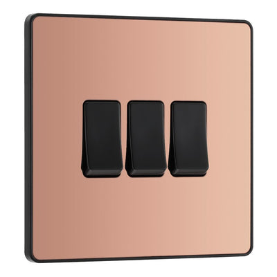 BG Evolve Polished Copper 3 Gang 20A 16AX 2 Way Light Switch PCDCP43B with 25mm Steel Back Box