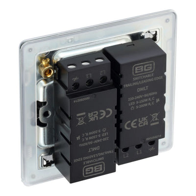 BG Screwless Polished Chrome 200W 2 Way Double Trailing Edge Dimmer Switch FPC82 with 35mm Steel Back Box
