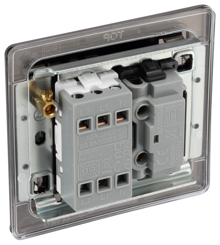 FBN15 Back - This Screwless Flatplate 10A triple pole fan isolator switch from British General has a separate fuse carrier and provides a safe and simple method of isolating mechanical fan units. 