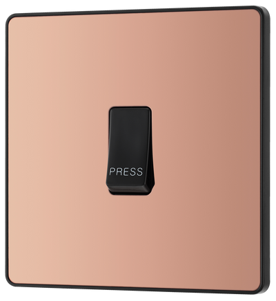  PCDCP14B Front - This Evolve Polished Copper bell push switch from British General is ideal for use where access is restricted such as office buildings or hospitals, where visitors need to let those inside know they have arrived.