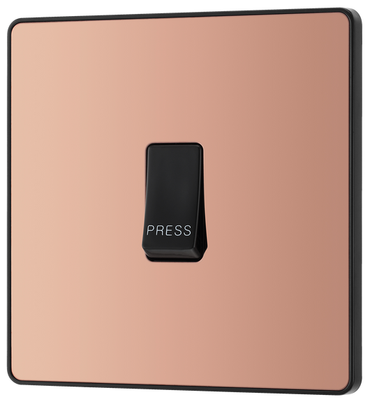  PCDCP14B Front - This Evolve Polished Copper bell push switch from British General is ideal for use where access is restricted such as office buildings or hospitals, where visitors need to let those inside know they have arrived.