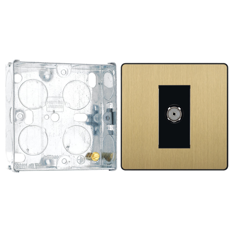 BG Evolve Satin Brass Single Co-Axial Socket PCDSB60B with 25mm Steel Back Box