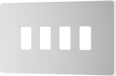 BG RPCDBS4W Evolve Grid Brushed Steel 4 Module Rectangular Front Plate - White Trim