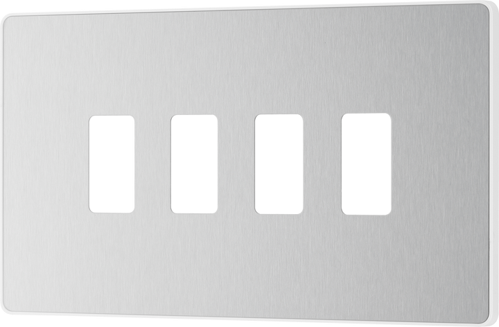 RPCDBS4W Front - The Grid modular range from British General allows you to build your own module configuration with a variety of combinations and finishes. This brushed steel finish Evolve front plate clips on for a seamless finish, and can accommodate 4 Grid modules - ideal for switches and other domestic applications.