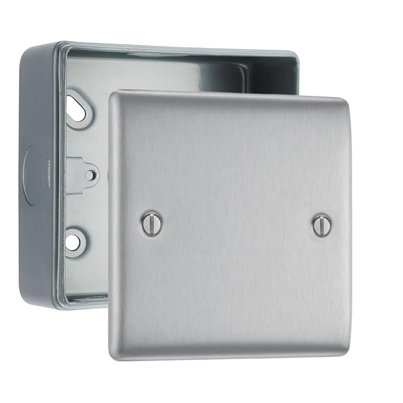 BG Nexus Brushed Steel Single Blanking Plate with Surface Pattress Back Box