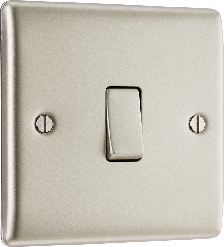 NPR12 Front - This pearl nickel finish 20A 16AX single light switch from British General will operate one light in a room. The 2 way switching allows a second switch to be added to the circuit to operate the same light from another location (e.g. at the top and bottom of the stairs).