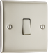 NPR12 Front - This pearl nickel finish 20A 16AX single light switch from British General will operate one light in a room. The 2 way switching allows a second switch to be added to the circuit to operate the same light from another location (e.g. at the top and bottom of the stairs).
