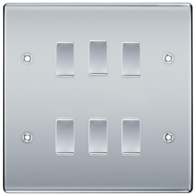 BG Polished Chrome 6 Gang Intermediate Custom Grid Light Switch with Back Box Included by British General (BG-NEXUS-PC-6G-CUSTOM-6xINT-SWITCH)