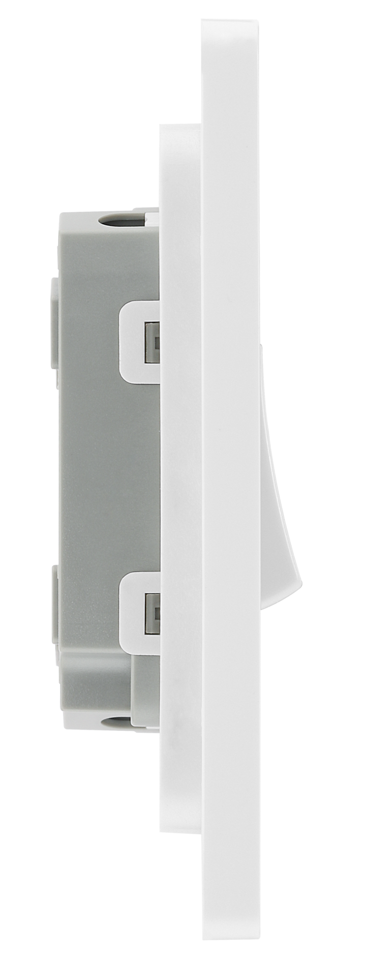 PCDBS42W Side - This Evolve Brushed Steel 20A 16AX double light switch from British General can operate 2 different lights, whilst the 2 way switching allows a second switch to be added to the circuit to operate the same light from another location (e.g. at the top and bottom of the stairs).