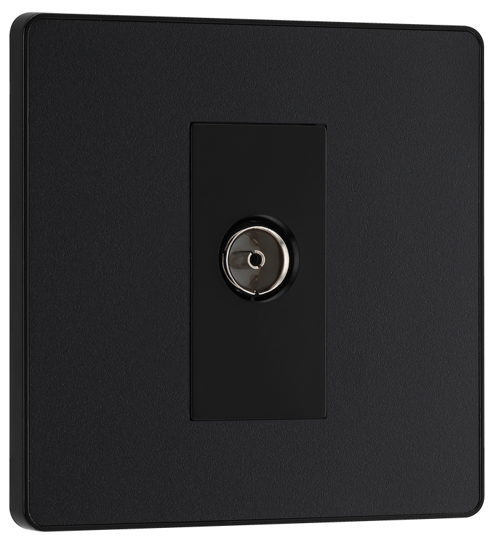 PCDMB60B Front - This Evolve Matt Black single coaxial socket from British General can be used for TV or FM aerial connections. This socket has a low profile screwless flat plate that clips on and off, making it ideal for modern interiors