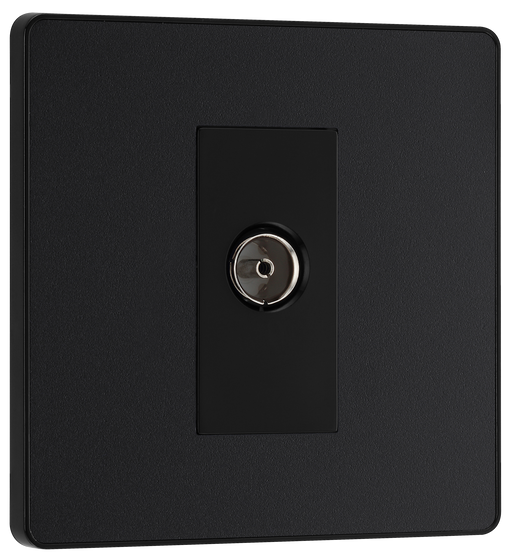 PCDMB60B Front - This Evolve Matt Black single coaxial socket from British General can be used for TV or FM aerial connections. This socket has a low profile screwless flat plate that clips on and off, making it ideal for modern interiors