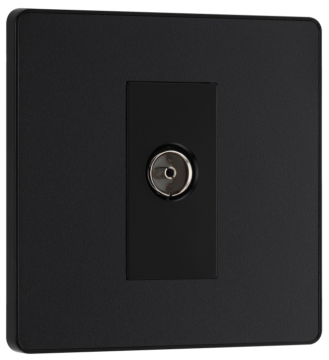 PCDMB60B Front - This Evolve Matt Black single coaxial socket from British General can be used for TV or FM aerial connections. This socket has a low profile screwless flat plate that clips on and off, making it ideal for modern interiors