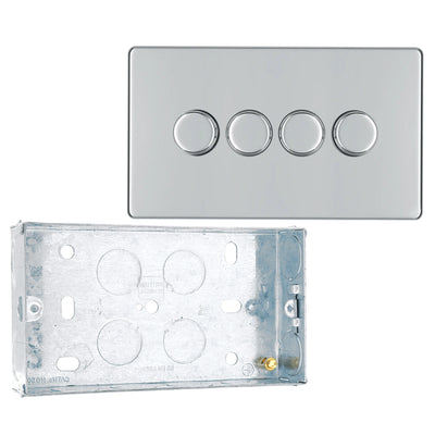 BG Screwless Polished Chrome 200W 2 Way Quadruple Trailing Edge Dimmer Switch FPC84 with 25mm Steel Back Box by British General (BG-FPC84+HGS04)