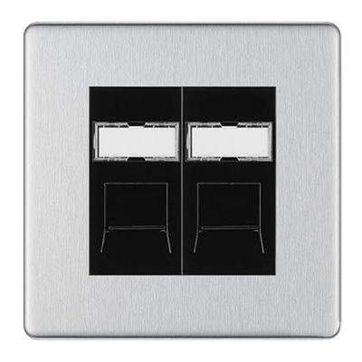 BG Screwless Brushed Steel 2 Gang RJ45 Socket FBSRJ452B Black Inserts by British General