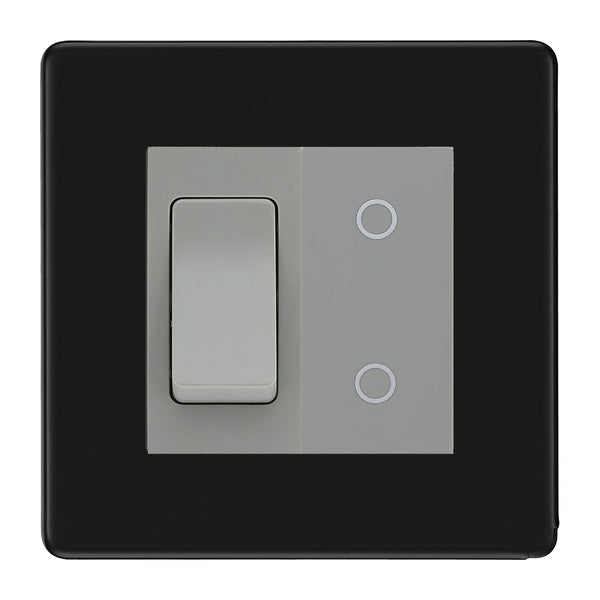 BG Matt Black Screwless 2 Gang Custom Switch 1x 2 Way Switch 1x Secondary Touch Dimmer Grey Inserts