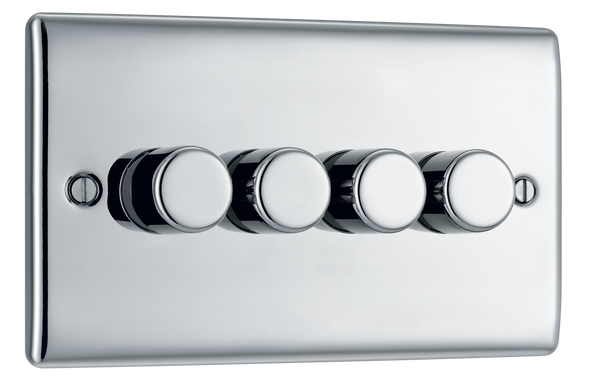 NPC84 Front - This trailing edge quadruple dimmer switch from British General allows you to control your light levels and set the mood. The intelligent electronic circuit monitors the connected load and provides a soft-start with protection against thermal.